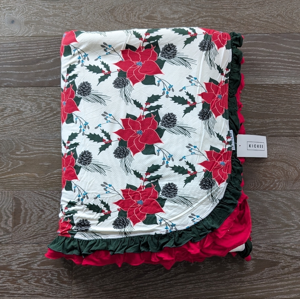 NWT Kickee Pants Print Ruffle Sherpa lines Throw Blanket In Christmas Floral